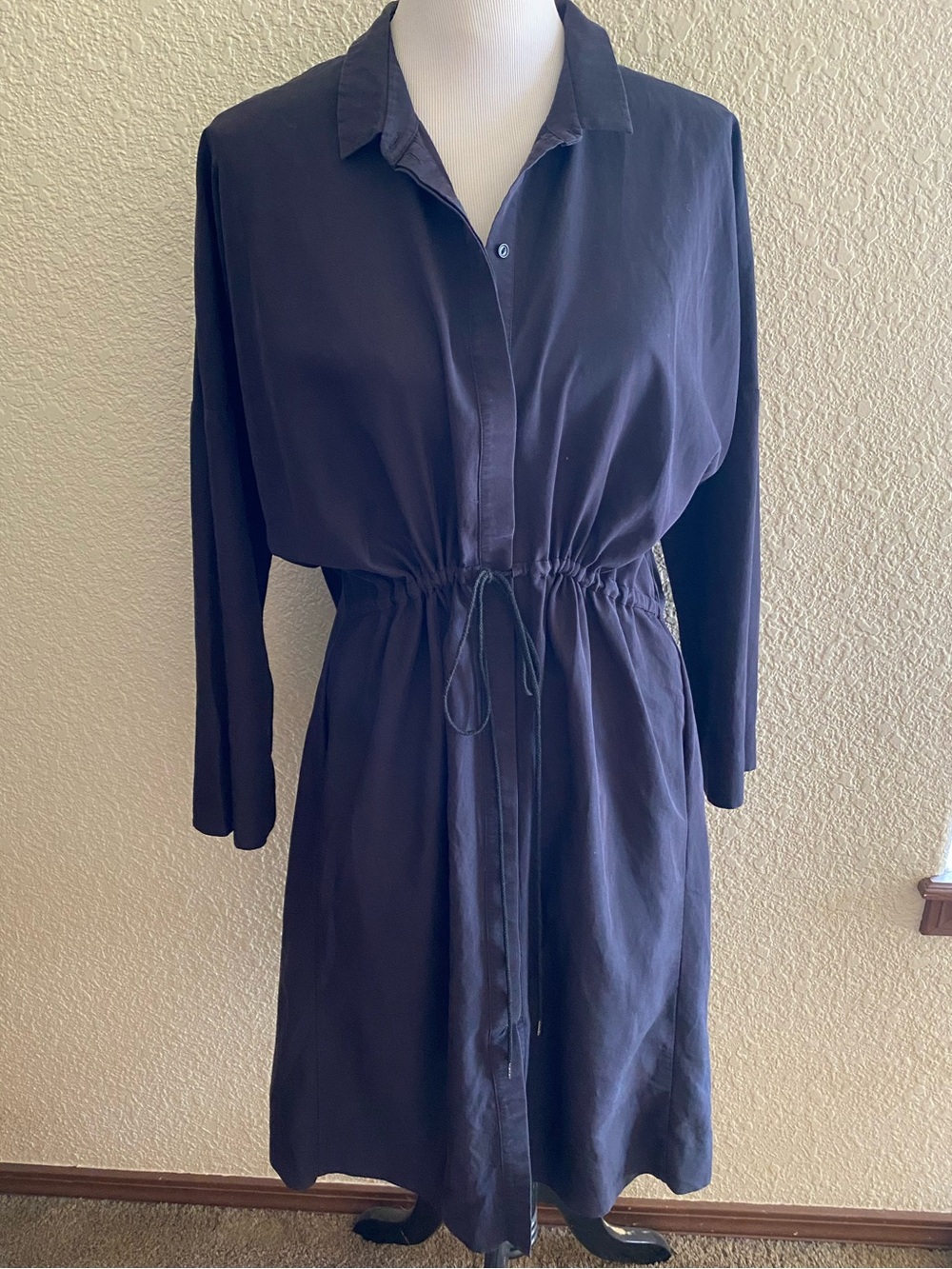 COS Navy Drawstring Waist Shirt Dress Long Sleeve Collared Button Down: 12